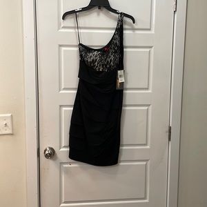 One shoulder cocktail dress. Black and white. Ruby Rocks Brand